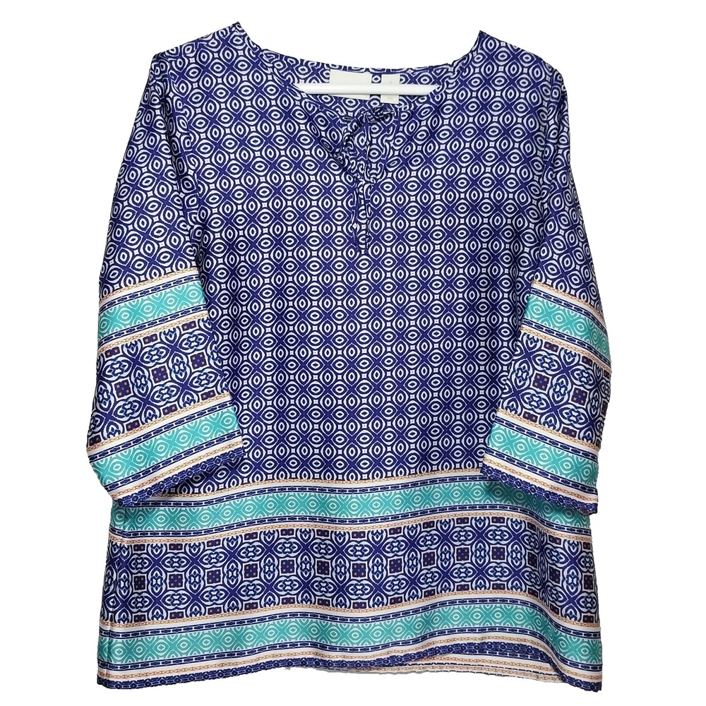 Chico's Top Women's Size 1 Tunic V-Neck Blouse 3/4 Sleeve Lightweight Geometric